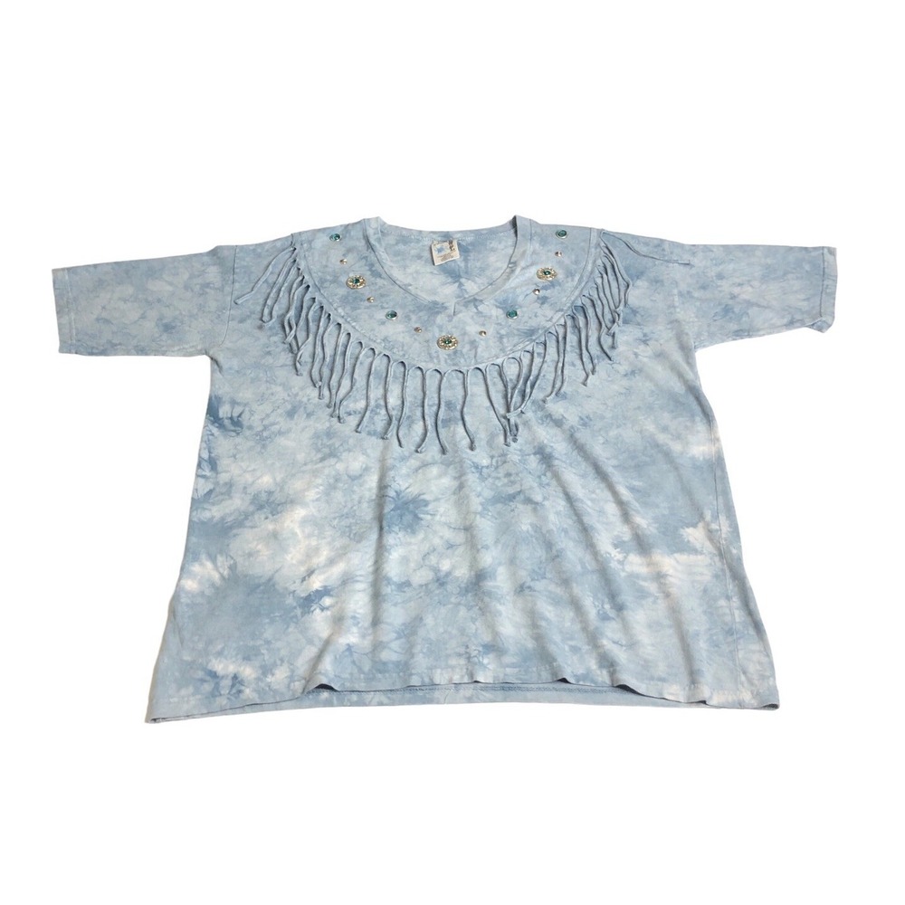 Vintage EZL By Marcy N Me Shirt Womens OS Blue Tie Dye Western Fringe Rhinestone